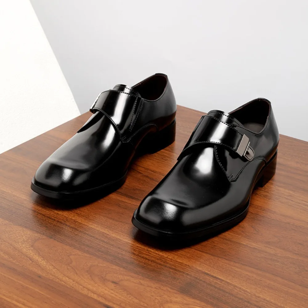 New Brown Arrival British Style Genuine Leather Men's Dress Shoes Buckle Square Toe Shiny Wedding Shoes Fashion