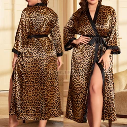 Plus Size Sexy Leopard Kimono accappatoio abito femminile abito lungo camicia da notte indumenti da notte abito da casa in raso allentato Lounge Wear 3XL 4XL 5XL