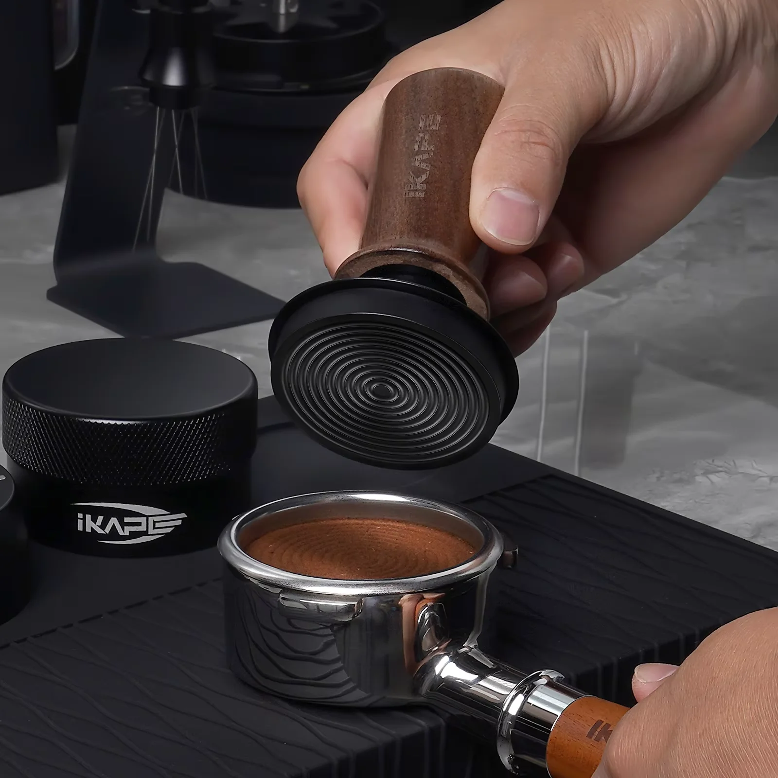 IKAPE Wood Espresso Tool Kit 51MM/53.3MM/58.35MM -5 Piece Set Includes Tamper,Distributor,WDT Tool,Puck Screen,Dosing Funnel