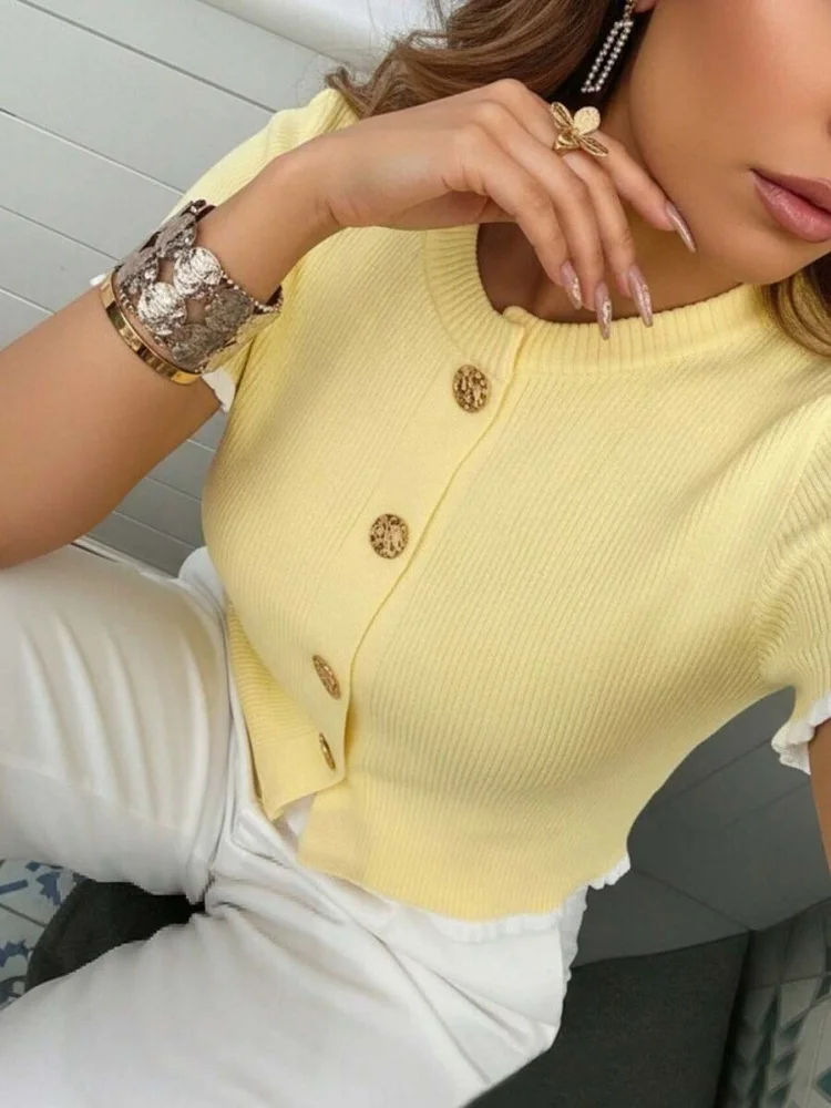 Women Round Neck Frill Short Sleeve Button Down Cardigan Spring Summer Solid Color Leisure Elegant Comfortable Soft Sweater