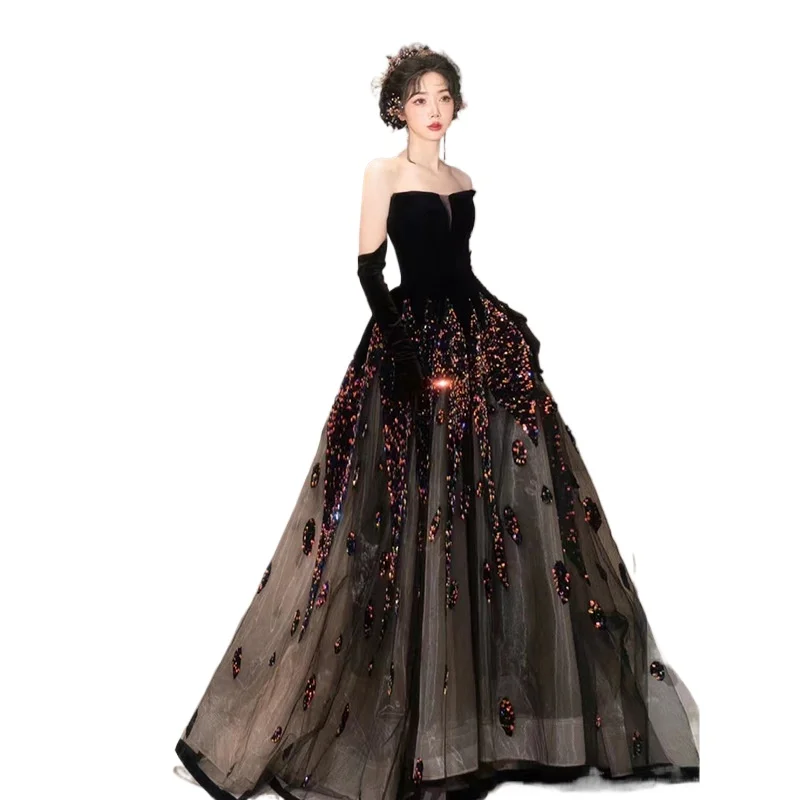 Novo vestido de noite sem alças, saia longa, sentido sofisticado feminino, socialite de banquete, anfitrião sofisticado, exame de arte vocal, cauda preta