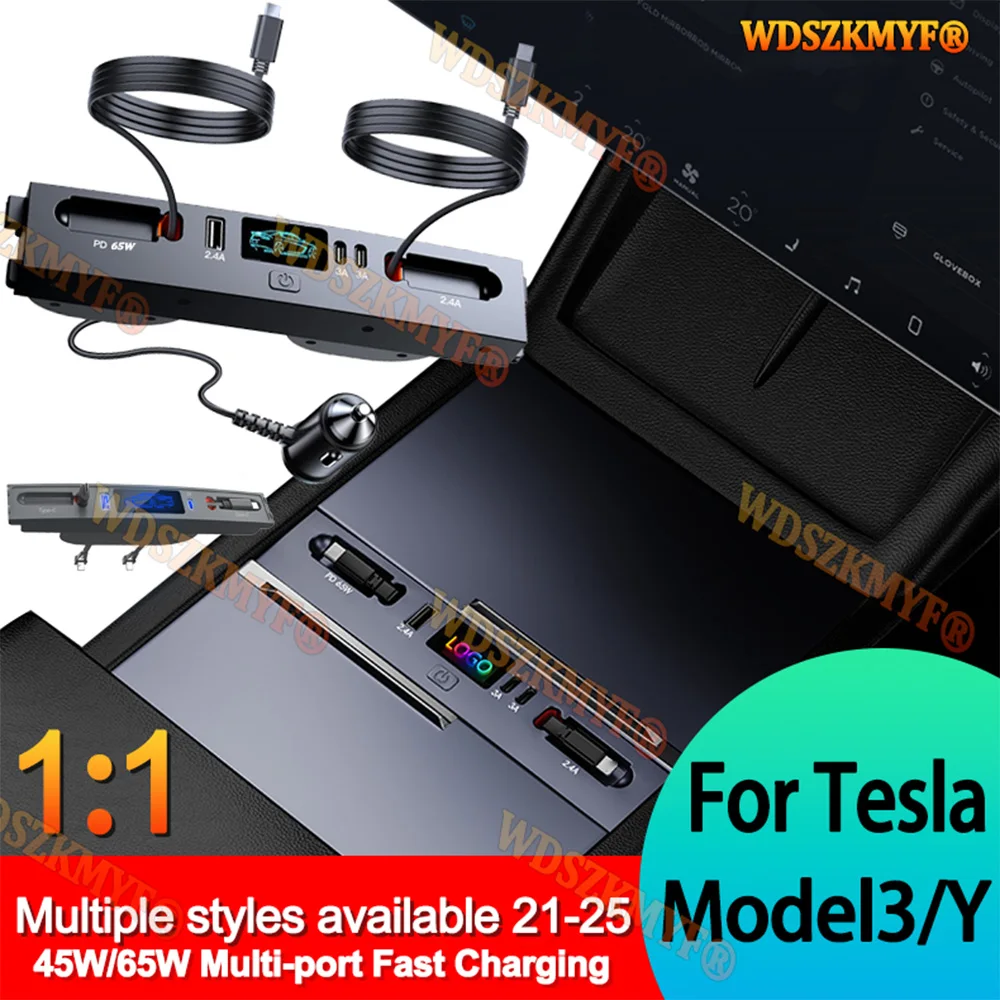 

65W / 45W For Tesla Model 3 Model Y 2021-2025 USB Shunt HUB 5 IN 1 Intelligent Docking Station Car Adapter Powered Fast charging
