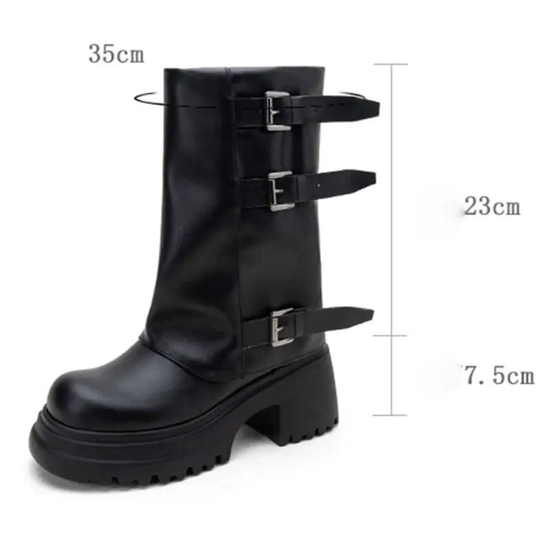 ORCHALISA Luxury Ladies Mid Calf Footwear Round Toe Thick Heel 7.5cm Raised Base Slip In Buckle Extended Sizes 43 44 45 Retro