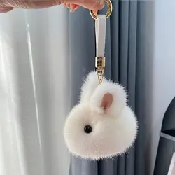 Rabbit Keychain Rings Fluffy Pompon Bunny Trinket Key Chain Charm Cute Key Ring on Bag Car Key Pendant White Grey Wholesale