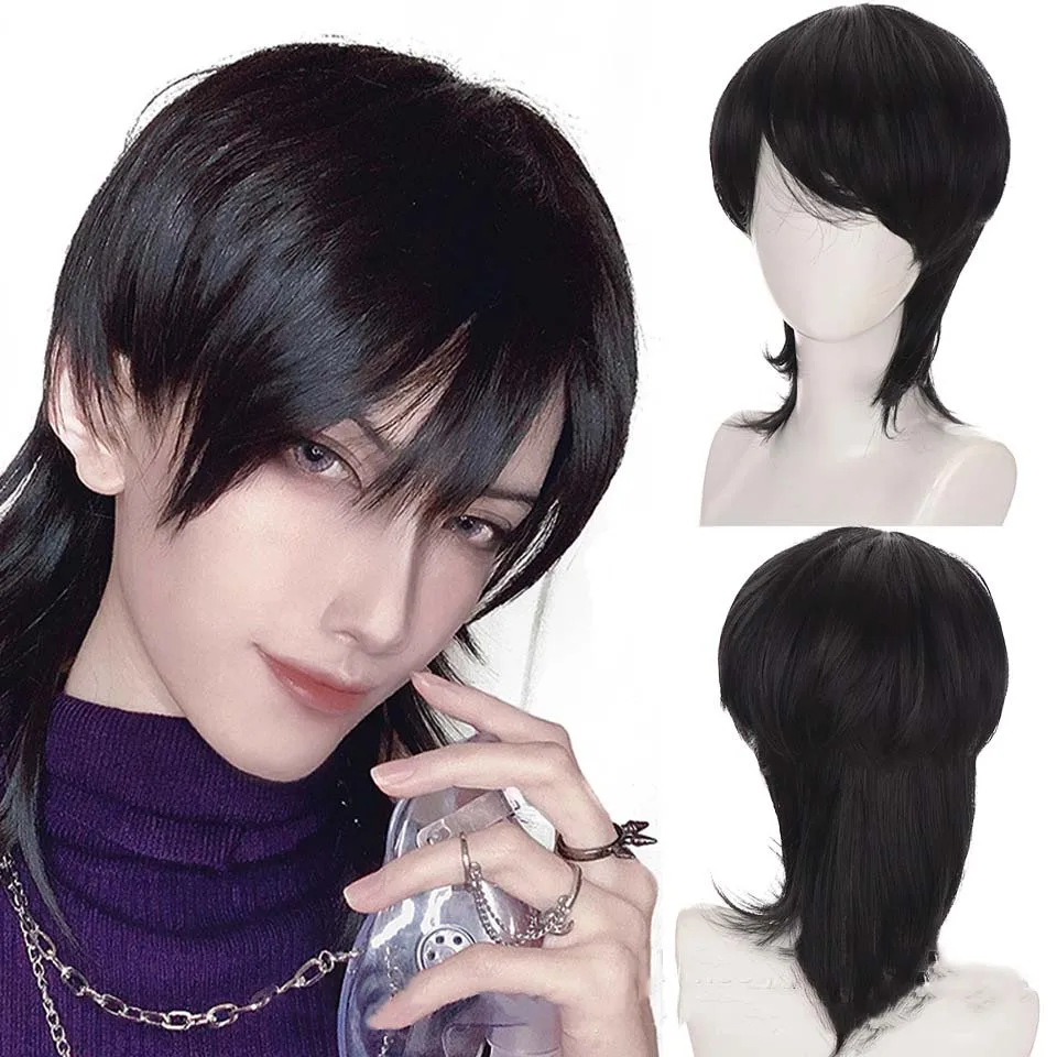 Cabelo sintético curto com arranca para homens, peruca masculina, cosplay diário, fantasias de anime, perucas de dia das bruxas, preto, branco,