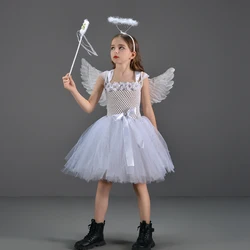 Sparkling White Angel Tutu Costume for Girls Princess Fairy Cosplay Dress with Wings Halloween Costumes for Kids Girl Clothing