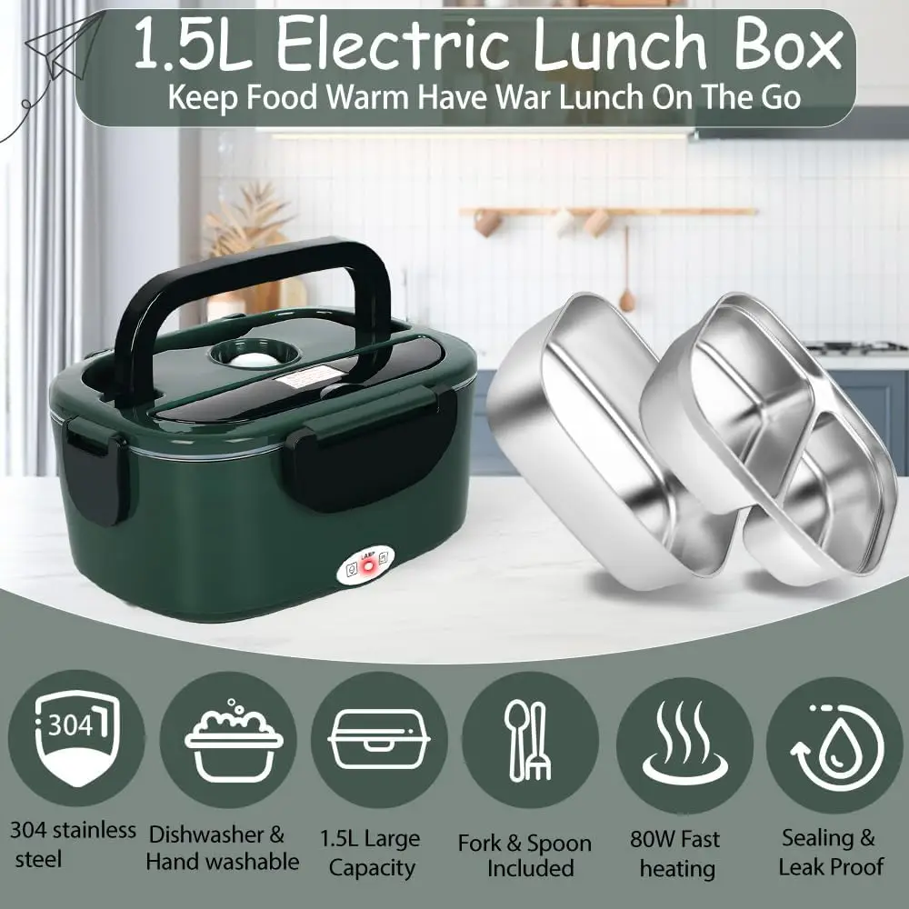 صندوق غداء كهربائي 1.5 لتر من الفولاذ المقاوم للصدأ لتدفئة الطعام 80 وات PTC محمول للسيارة والمكتب والتخييم (أخضر)