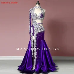 New Belly Dance Suit High-End Oriental Dance Siamese Long Sleeve Cover Belly Robe Long Skirt Fairy Dance Competition Dress