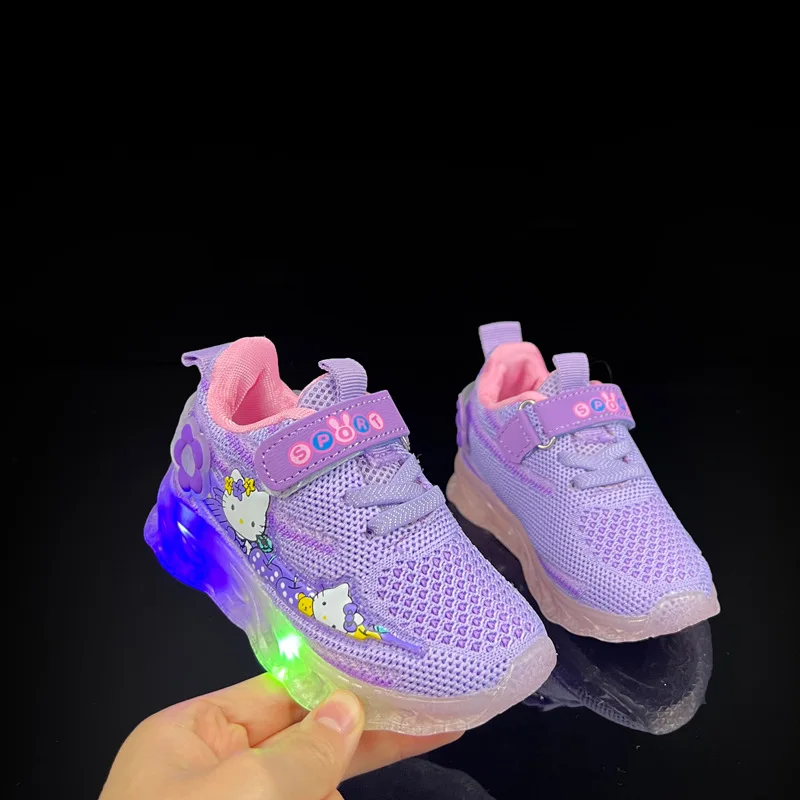 Children's Sports Shoes Fall New LED Light Girls Hello Kitty Cartoon Princess Shoes 1-7 Years Old Fly Woven Mesh Surface Light