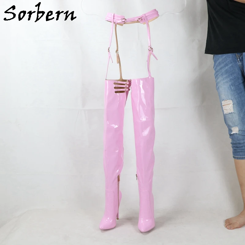 

Sorbern Pink Patent Long Boots With Belt Pointed Toe High Heel Stilettos Half Zipper Stilettos Custom Multi Colors