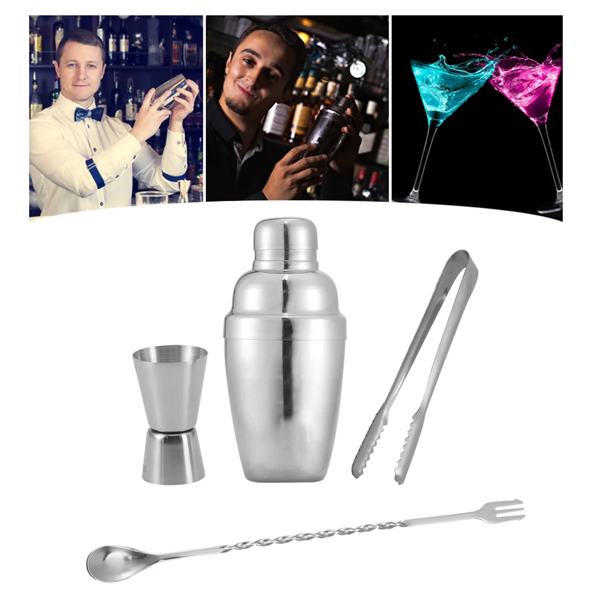 

4Pcs High Performance Stainless Steel Cocktail Shaker Set Professional Bartender Accessories for Home Bar Use Gift