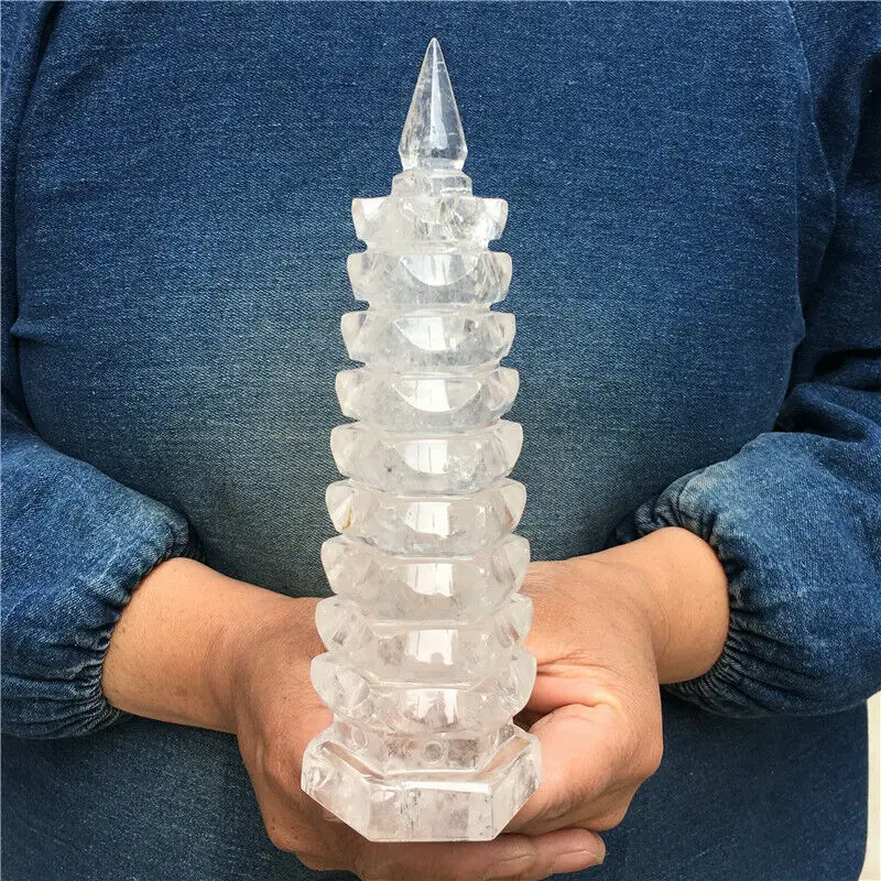 Natural White Crystal Hand-Carved Wenchang Tower Ore Energy Home Office Decoration Craft Gifts Mineral Reiki Healing Wealth