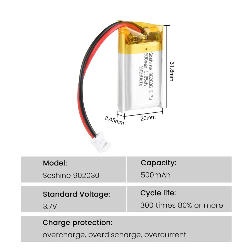 Soshine 902030 Akku 500 mAh 3,7 V Lipo-Lithium-Polymer-Batterien für Solarlicht, DVD-Tracker, Diebstahlsicherung, GPS-Massagegerät