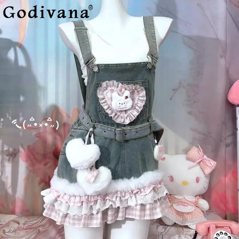 

Women Korean Lolita Style Party Mini Dresses Fashion Lace Patchwork Strap Dress Female Kawaii Gothic Plush Bow Denim Dresses
