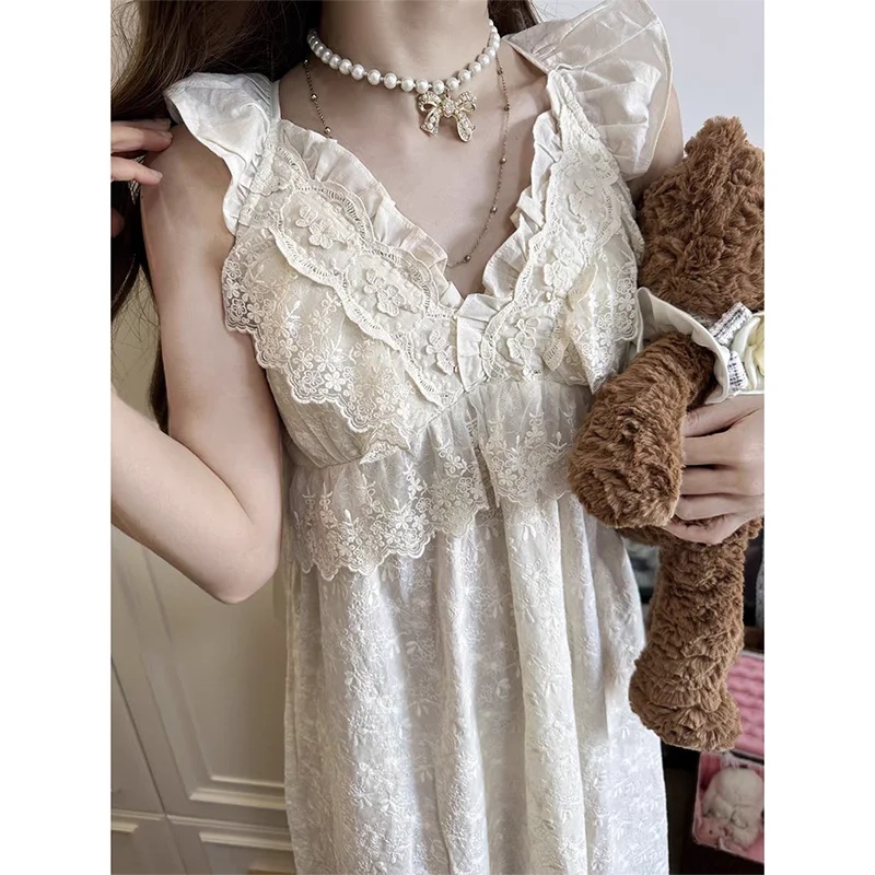 Lace Sleepwear Woman Sleeveless Nightgown Korean Night Dress Summer One Piece Pajamas Dress Ruffles V-neck Night Wears 2024 New