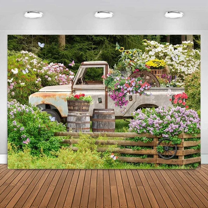 Easter Spring Truck Flower Photography Backdrop Garden Countryside Scenery Background Kid Birthday Party Decor Banner Decoration