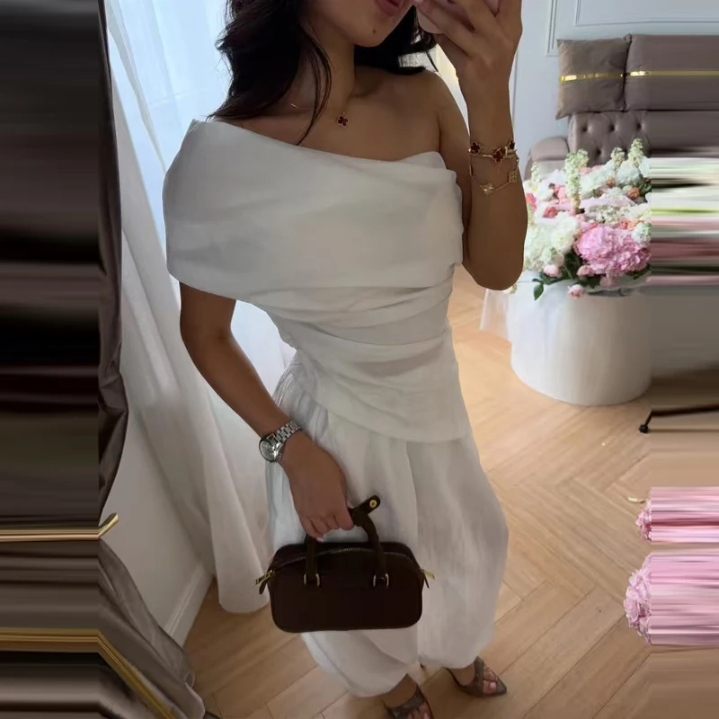 

Sexy Single Shoulder Top & Lantern Pants Suit Women's Fashion Pleated Loose 2Pc Outfits Elegant Asymmetrical Solid Summer Sets
