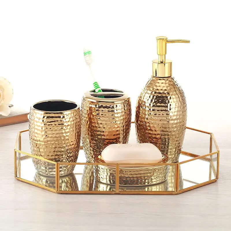 Ceramic Bathroom Accessories Set Golden Soap Dispenser Toothbrush Holder Dish Household Decoration Storage Tray