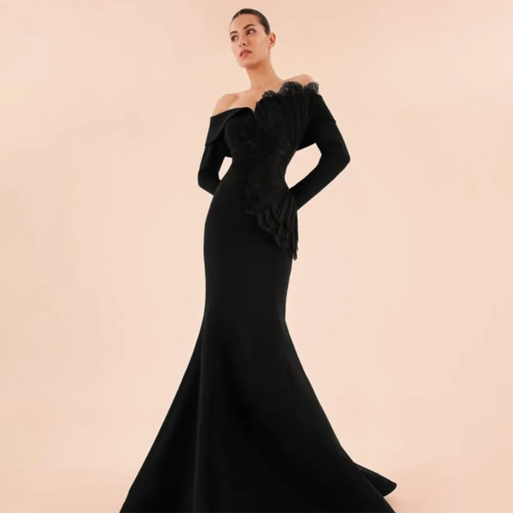 

High Quality Customized Three Quarter Floor Length Black Wedding Party Dress V-neck Wrinkle Women Robes De Soirée فساتين سهرة