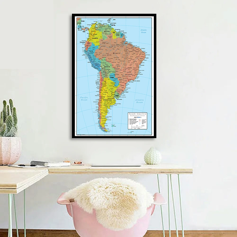 Póster de arte de pared con mapa de América del Sur, pintura en lienzo en aerosol, suministros escolares de viaje, sala de estar, decoración del