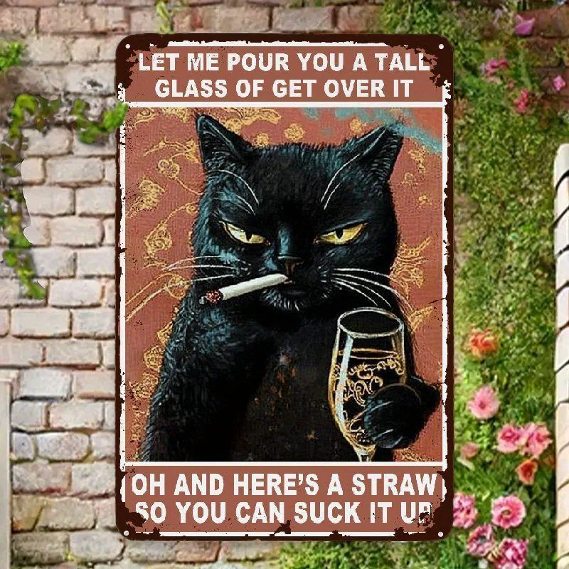 （2D Tin painting）Vintage Naughty Black Cat Metal Sign - Funny Drinking Quote Wall Deco
