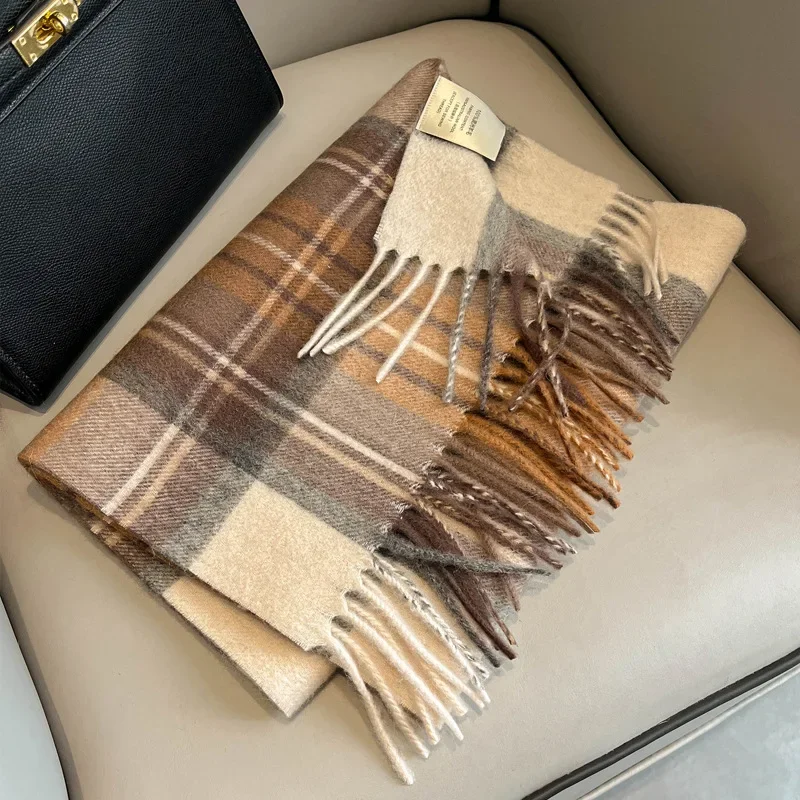 High Quality 100% Pure Wool Plaid Scarf Women Couples Winter Autumn Soft Warm Tassel Classic Muffler Ladies Thermal Shawl Female