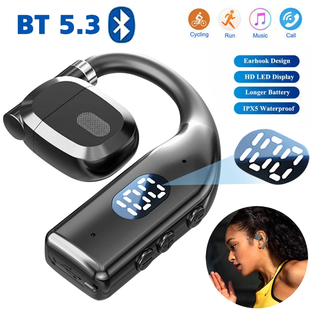 Wireless Bluetooth 5.3 Headphones With LED Display Earphones With Mic Air Conduction Ear-hook Touch Control Sports Hifi Earphone