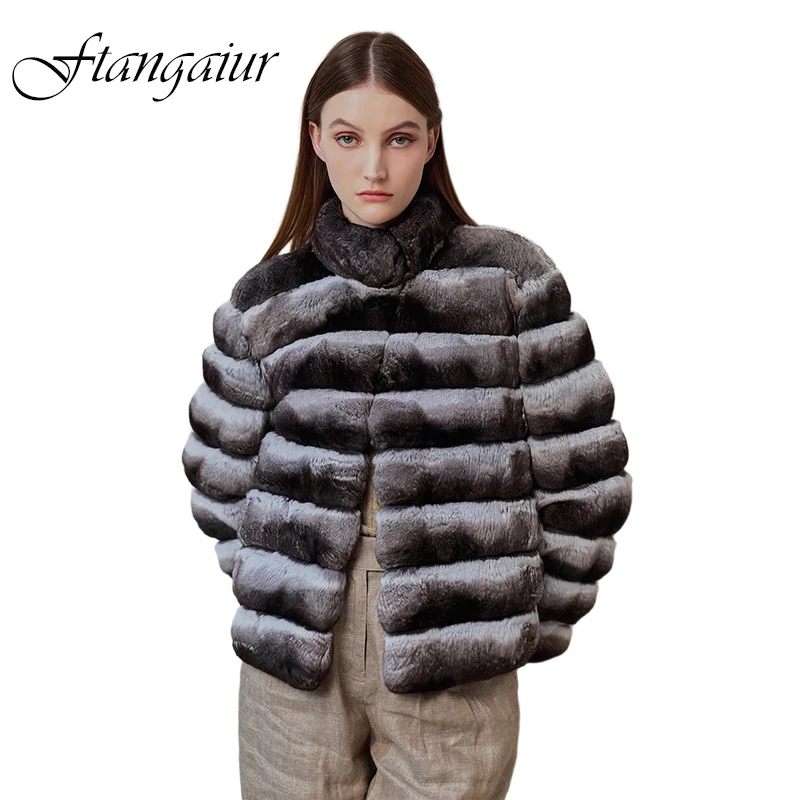 Ftangaiur Winter Import Pure White Cyan Blue Chinchilla Coat Mandarin Collar Women Upscale Natural Color Chinchilla Fur Coats
