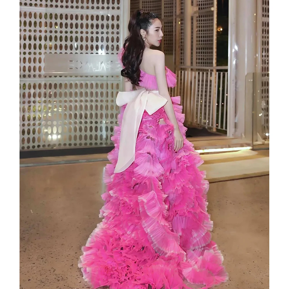 Chic Design One Shoulder Pink Evening Dress Women High Slit Puffy Tiered Tulle Formal Celebrity Event Gowns