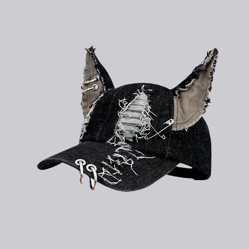 Dark Punk Y2k Baseball Cap With Ears Denim Personality Metal Ring Street Trend Adjustable Sports Hat Cosplay Accessaries