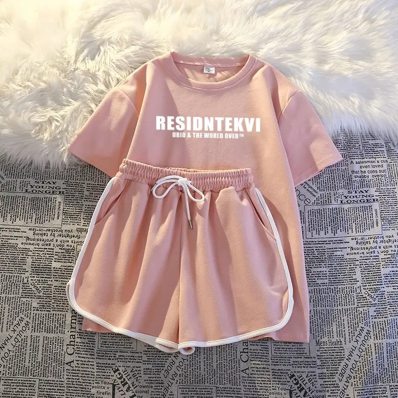 Femme Summer Korean Fashion Printing Solid Color Sports Suit Trend Women Clothing Lazy Wind Appear Thin Letter Two-piece Set Top
