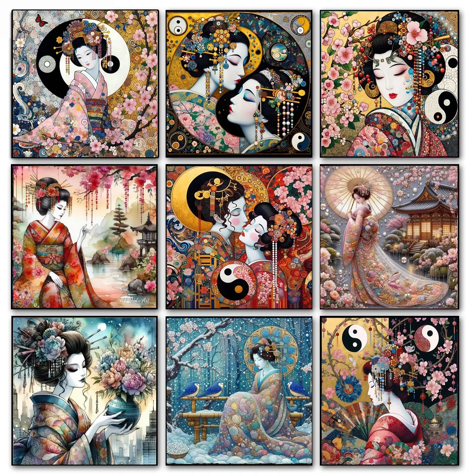 Japanese Geisha Beauty Diamond Painting New 2024 Bagua Cherry Blossoms Landscape DIY Full Diamond Mosaic Cross Stitch Kits