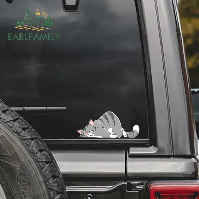 EARLFAMILY 13cm X 5.6cm Fat Cat Lying Car Stickers Funny Cartoon Decal Windshield WindowsTrunk Decoration RV VAN ATV Vinyl Cover
