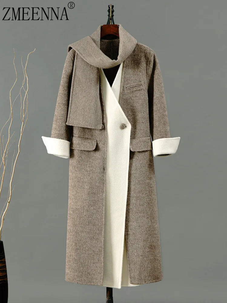 

ZMEENNA Women's Elegant Two Tone Wool Blend Long Winter Coat With Detachable Scarf Contrast Cuffs Double Breasted ZM3347