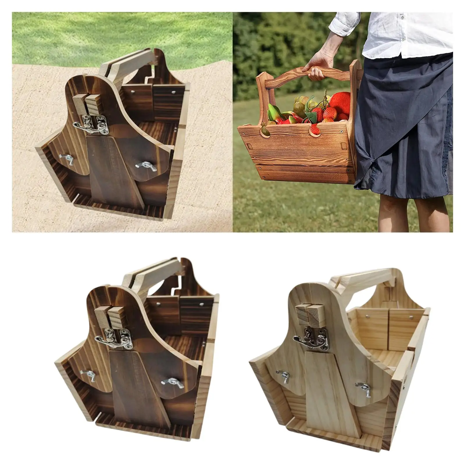 Mesa de picnic portátil 2 en 1 con mango de madera, cesta de madera portátil, plato para queso y fruta para parque, Picnic, senderismo, Camping al aire libre