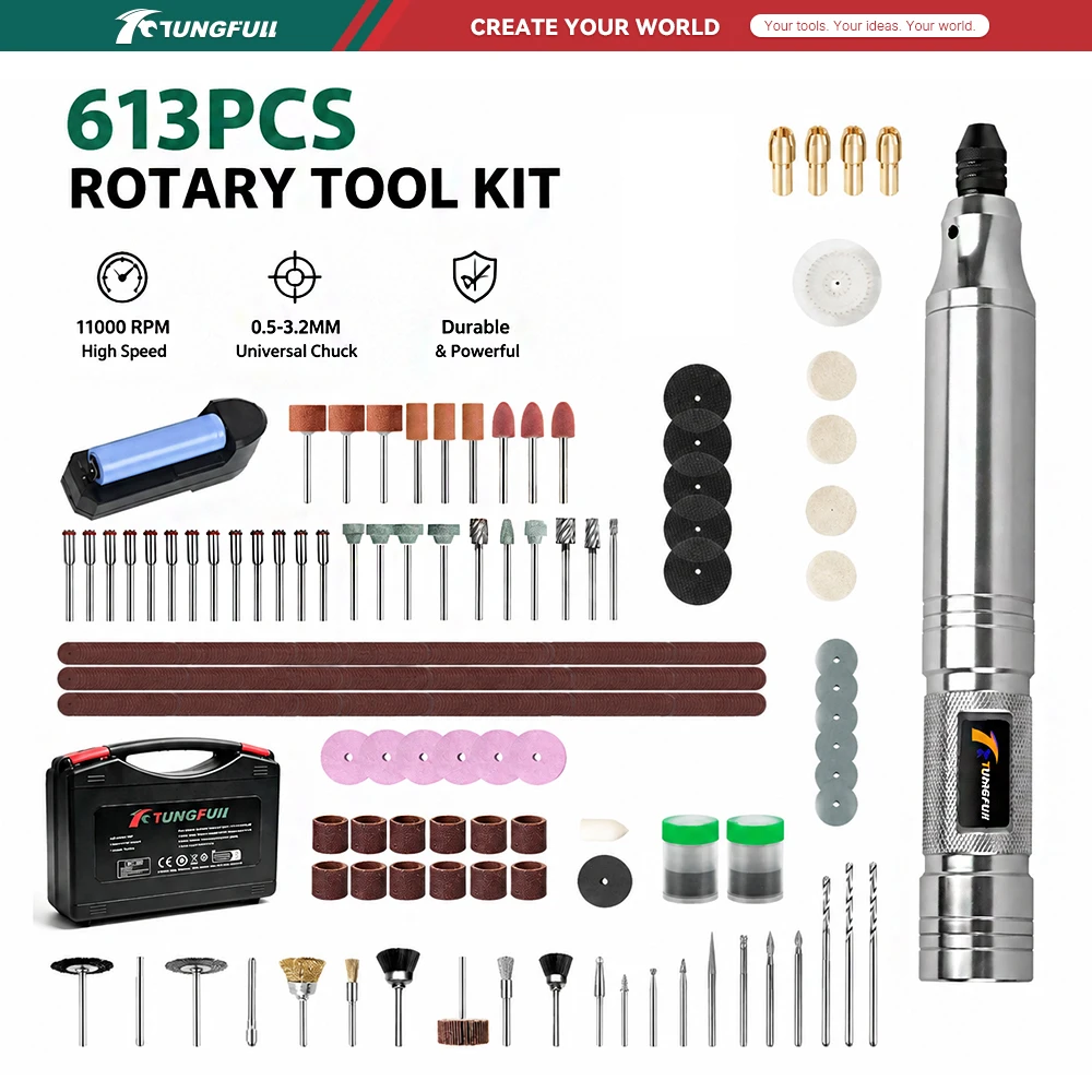 TUNGFULL Handheld 3.7V Mini Cordless Rotary Drill Engraver Grinder Polisher Multi‑function Power Tool for Dremel Accessories