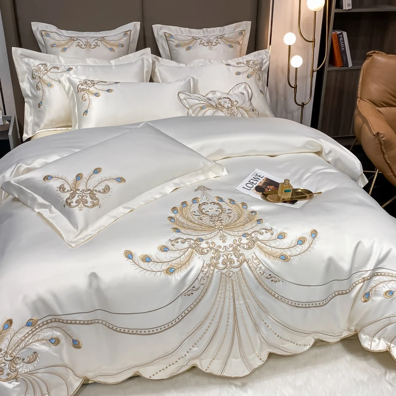 Luxury Gold Feather Embroidery Egyptian Cotton Champagne/Light Yellow Patchwork Duvet Cover Bed Sheet Pillowcases Bedding Set