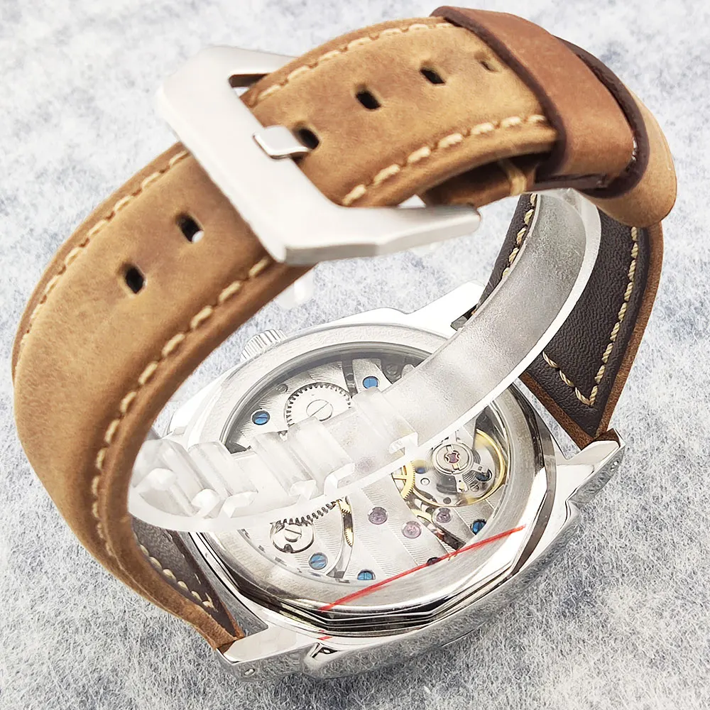 นาฬิกาข้อมือระบบไขลานด้วยมือ ขนาด 46 มม. ใช้กลไก Seagull ST3600 กระจกมิเนอรัลความแข็งแรงสูง ตัวเรือนสแตนเลสสตีล กันน้ำ