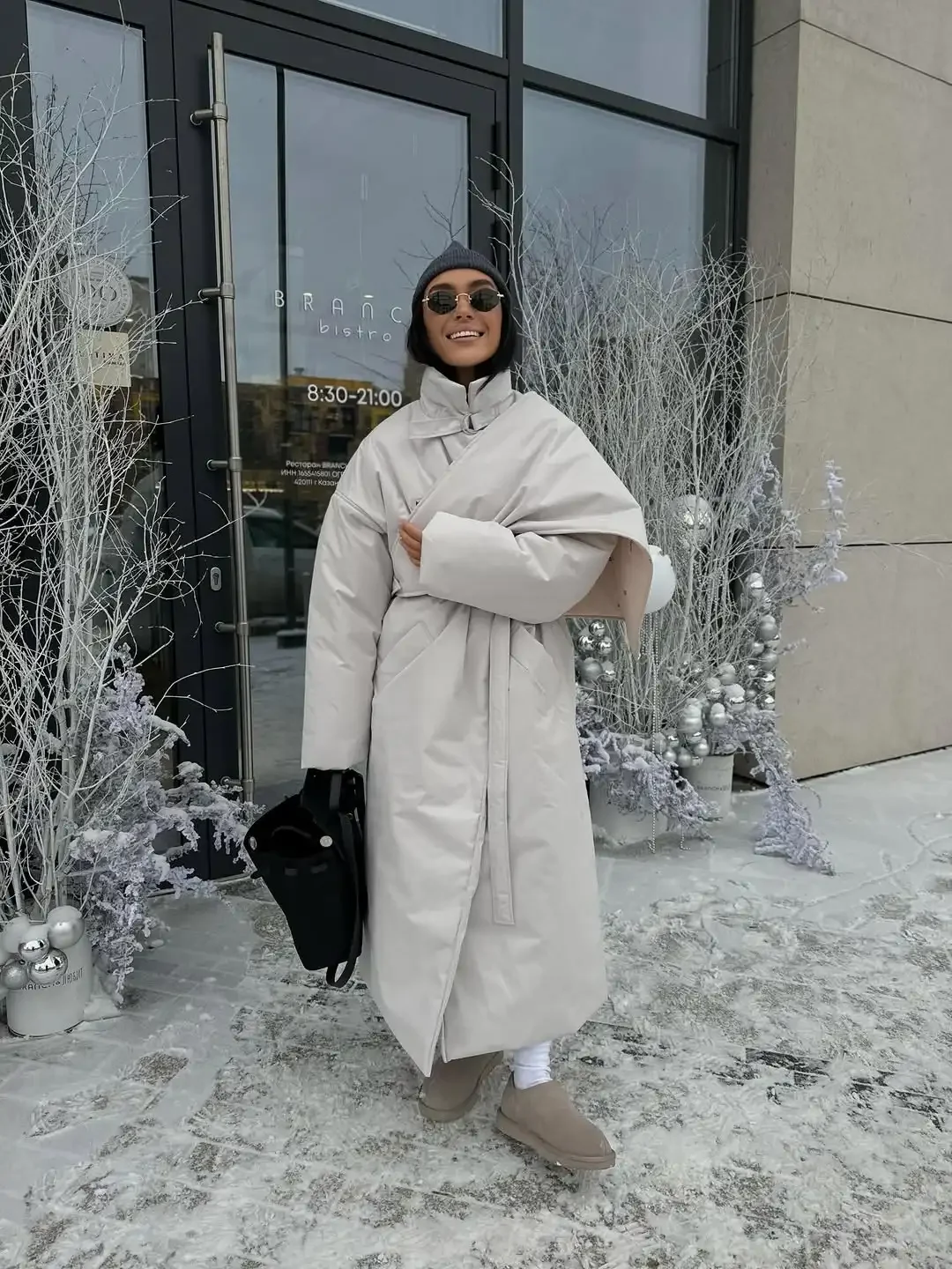 Light Gray Asymmetric Wrap Collar Snap Button Belted Jackets Chic Long Sleeve Soft Coats Lady Winter Daily Street Chic Outerwear