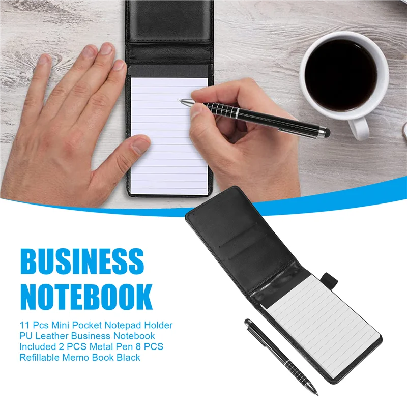 Solid 11 Pcs Mini Pocket Notepad Holder PU Leather Business Notebook Included 2 PCS Metal Pen 8 PCS Refillable Memo Book Black