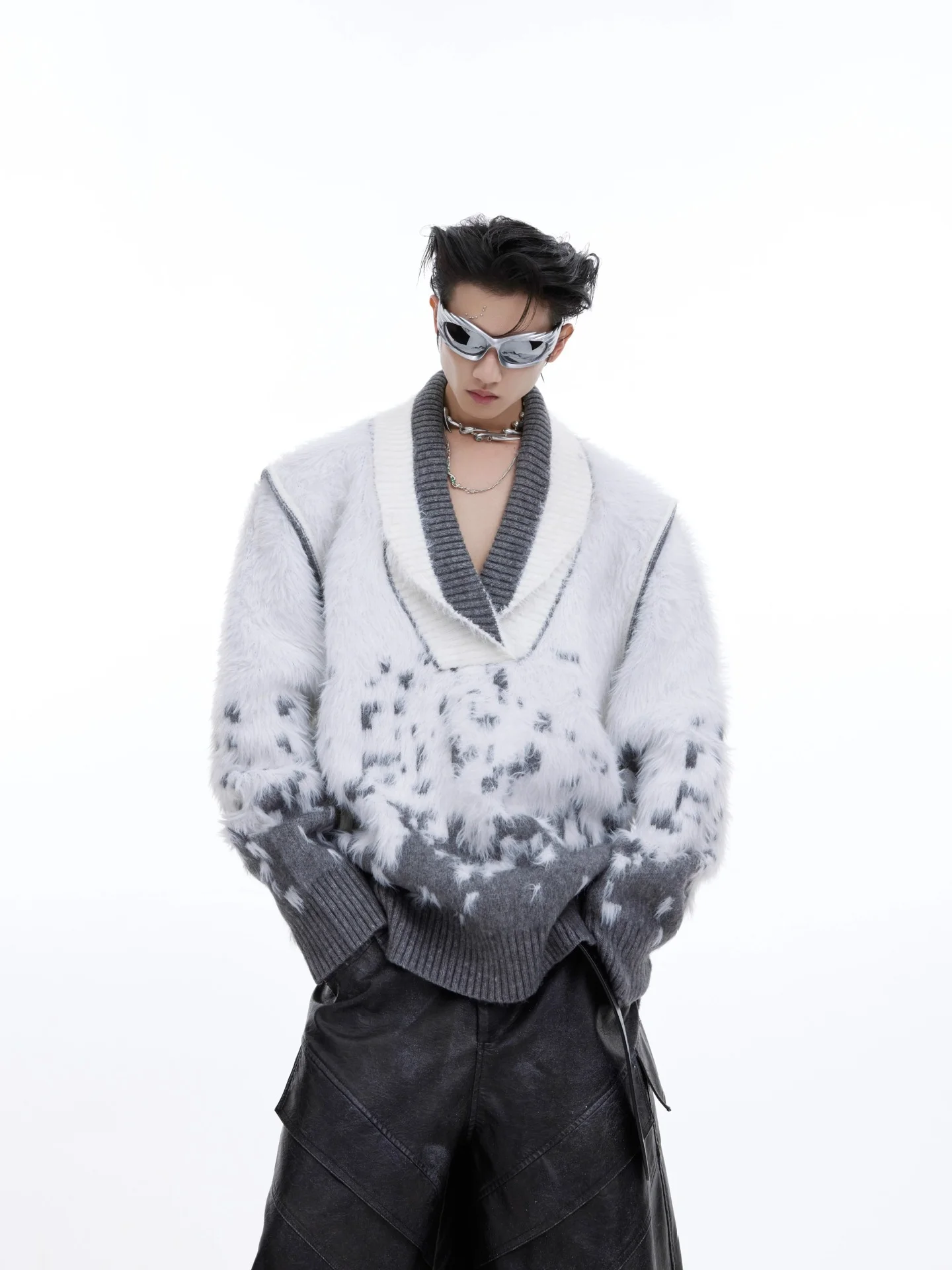 

Fur Collar Pullovers Graphic Mens Splicing Oversized Streetwears Hiphop Urban Cool Trendy Youth Culture Autumn Breathable Therma