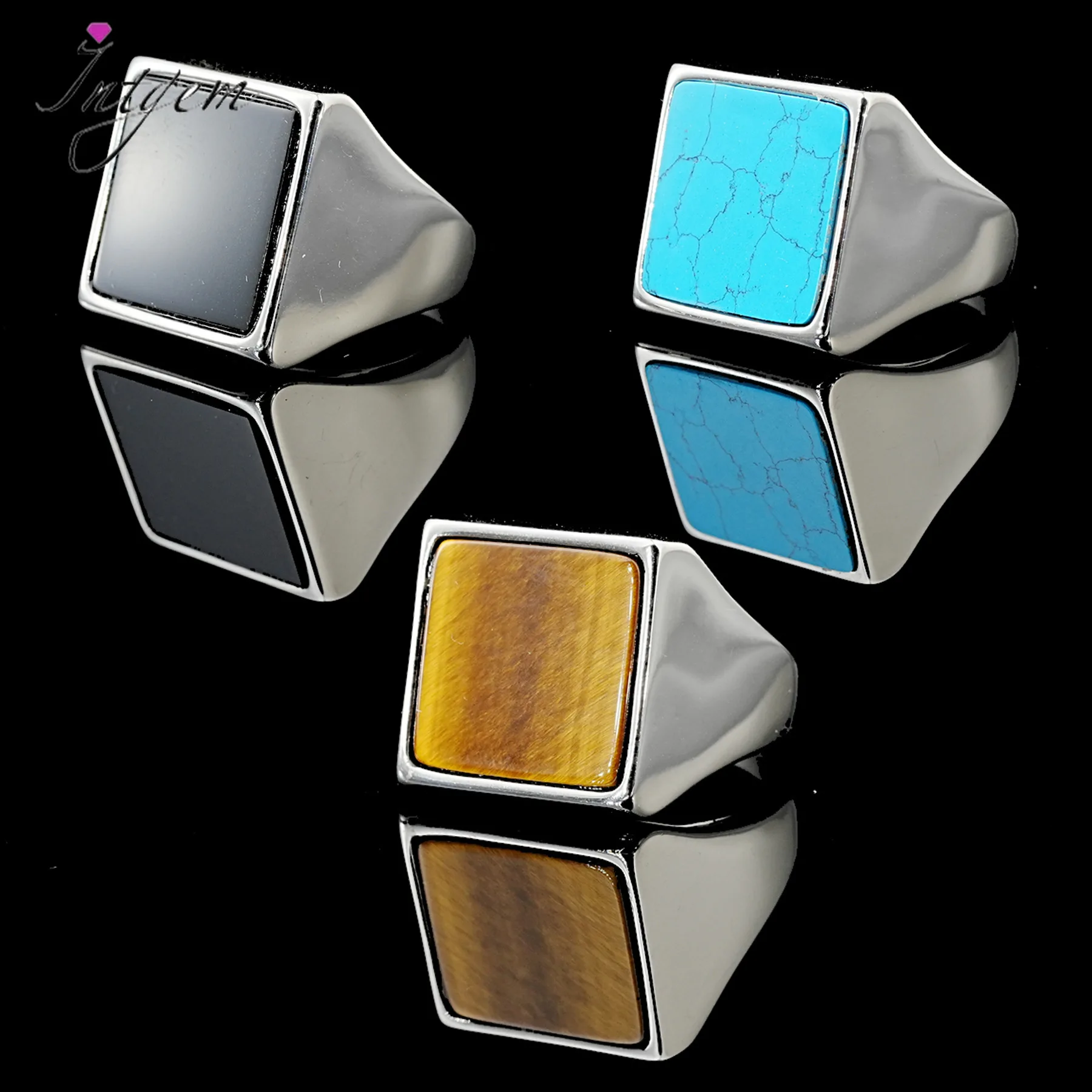 

Titanium Steel Jewelry with Turquoise Natural Stone Square Smooth Surface Simple Personalized Fashion Rings Man