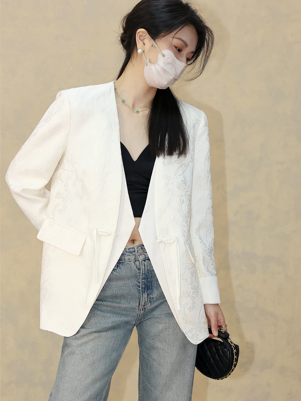 

Новый китайский повседневный женский костюм-двойка с V-образным вырезом, пуговицами и эффектом облегающего силуэта