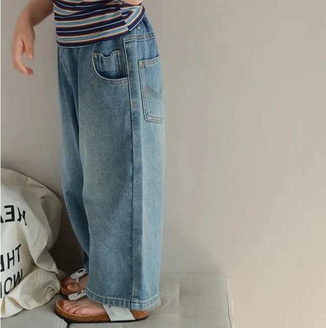 

Wide Leg Pants Girls Trousers Loose Fitting Pocket Elastic Waist Jeans Spring Autumn New Childrens Clothing Simple