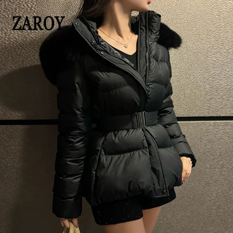 ZAROY Wintermantel mit Gürtel für Damen, Pelzkapuze, Gesteppte Baumwolljacke, Modische Elegante Streetwear-Oberbekleidung, Ski-Parka – Bild 5