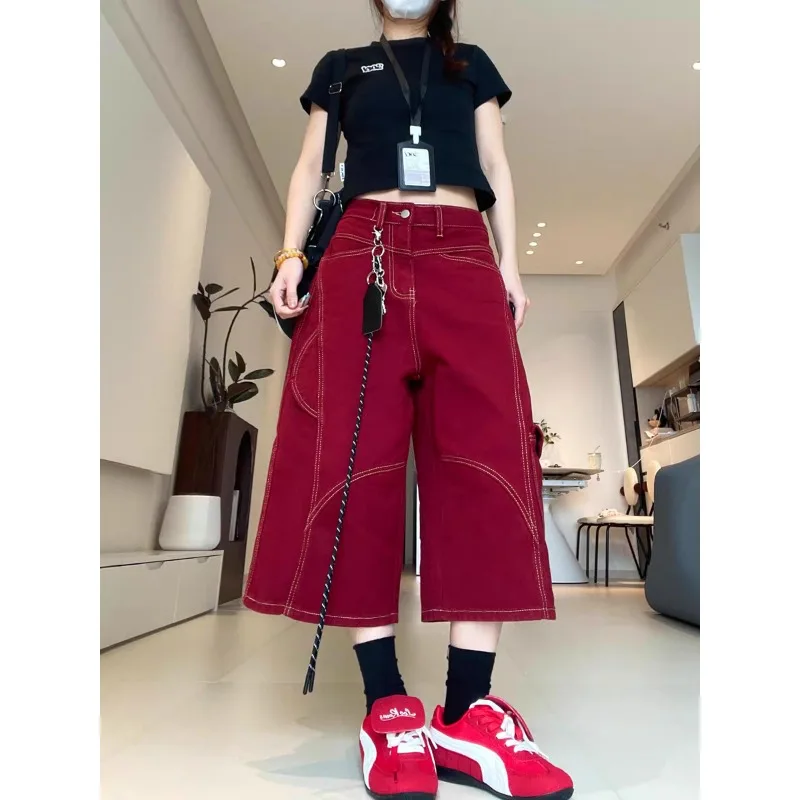 カジュアル レディース パンツ 外出用 デニム ショートパンツ アメリカン ヴィンテージ レッドステッチ ワイドレッグ 夏 ハイウエスト リラックス カーゴ クロップド