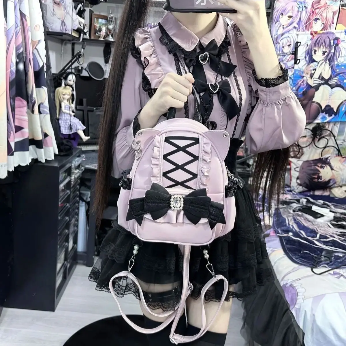 Japanese Jirai Kei Lolita Backpack with Cat Ears - Cute Large Capacity Student Bag with Lace and Bow Details Kawaii Gothic Style