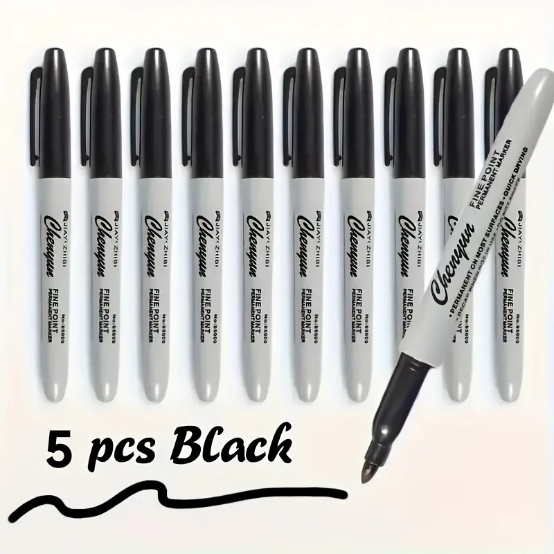 5 Pack Fine Tip Black Permanent Markers, Quick Dry Smudge-Proof for Office Use