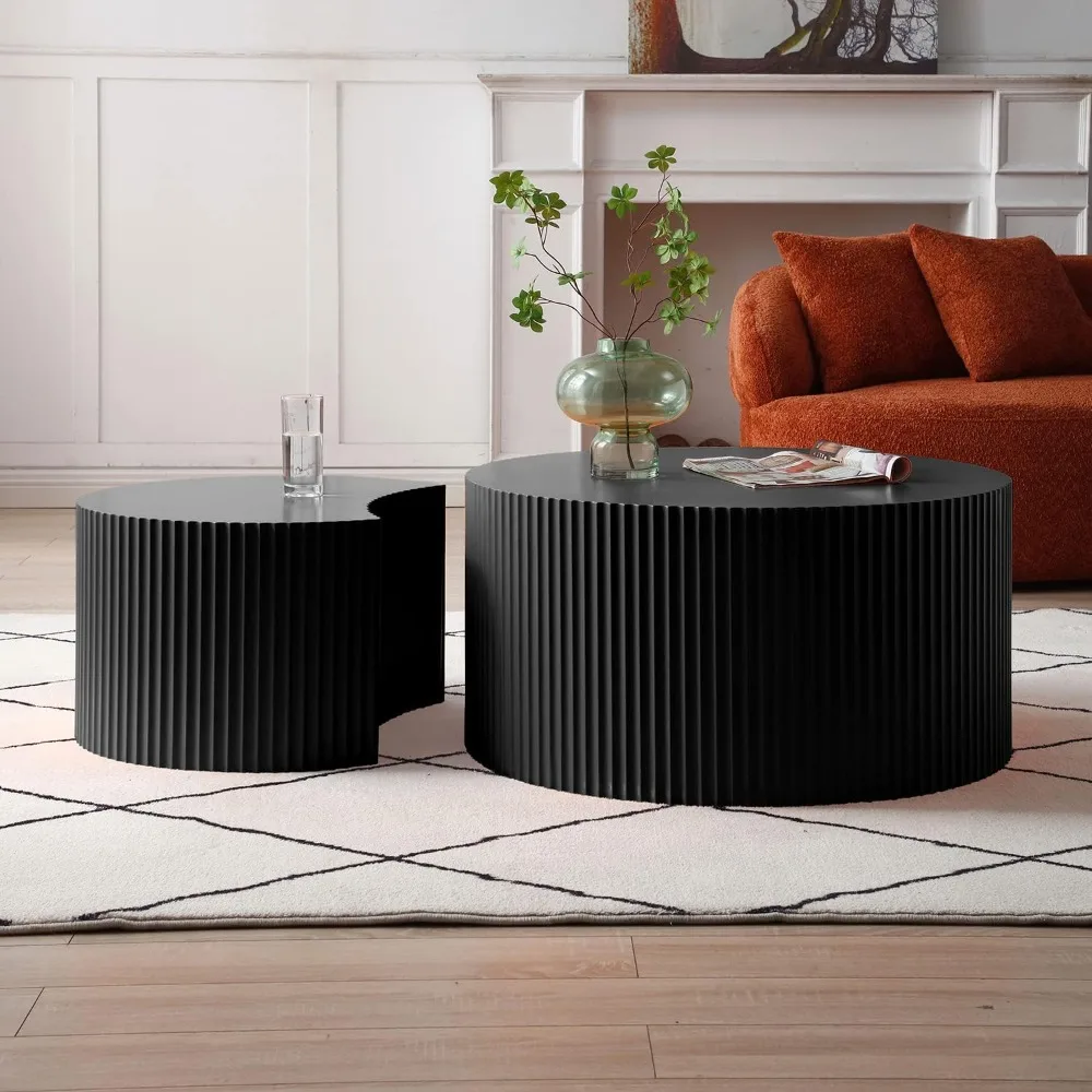 Black Modern Nesting Coffee Set of 2 Round Side End for Living Room,Wood Circle Drum Coffee Table Contemporary