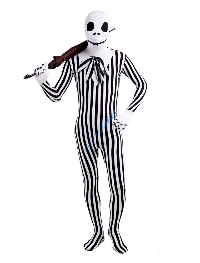 

Skull black and white vertical stripes Halloween cosplay Catsuit Costume Printing pattern Lycar full Bodysuit zentai suit